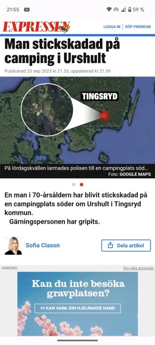 Nyhetsskärmdump, rubrik om man stickskadad på camping, karta visar Tingsryd, artikel av Sofia Clason.