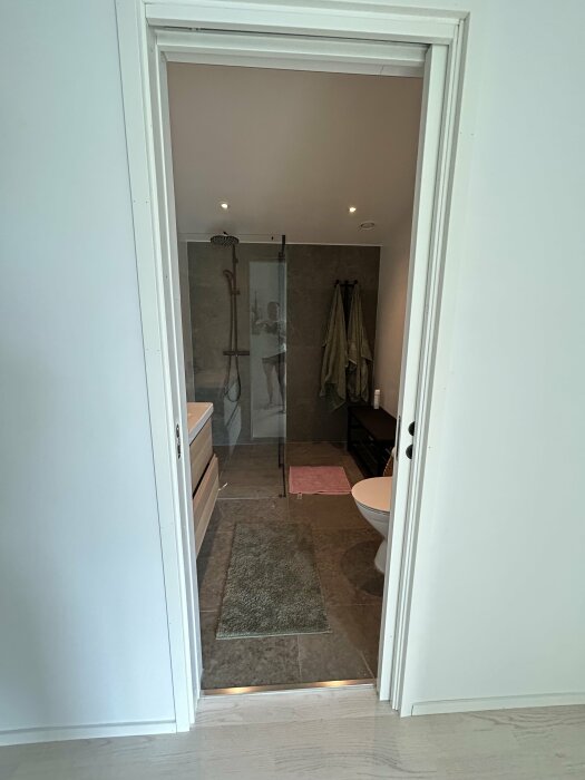 Modern badrum syns genom öppen dörr; kakel, dusch, handdukar, toalett, matta, ren design.