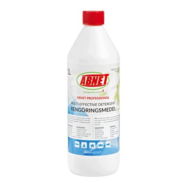 En flaska med texten "ABNET PROFESSIONAL MULTI-EFFECTIVE DETERGENT RENGÖRINGSMEDEL", troligen ett rengöringsmedel.