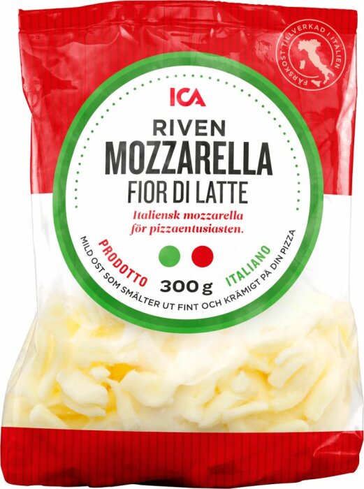 Förpackning av riven mozzarella, Fior di Latte, 300g, italienskt, för pizzor.