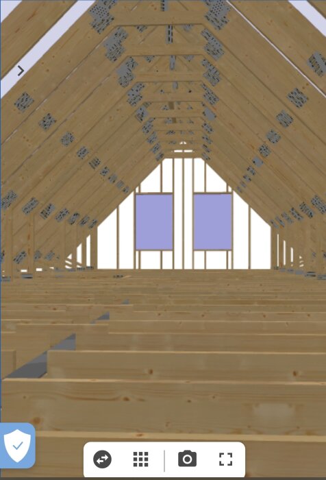 Träkonstruktion av en vind med takstolar, fönster och osynliga väggar, antagligen en digital modell.