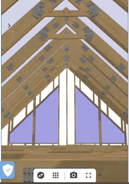 Träkonstruktion av en takstomme, troligen en grafisk rendering eller ett digitalt program, snickeri detaljer synliga.