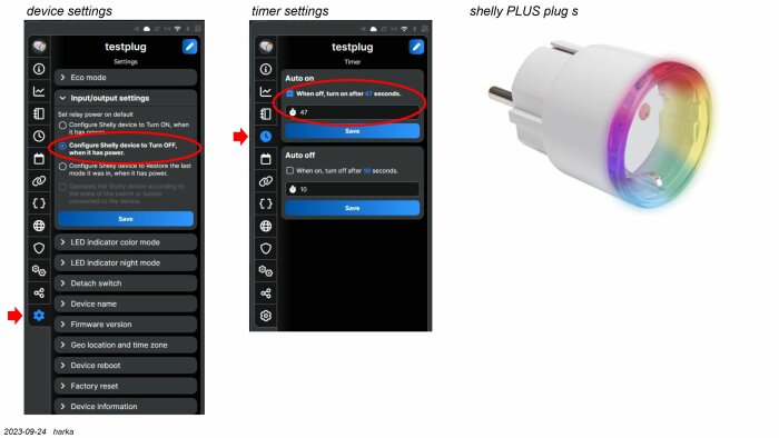 App-skärmdumpar visar inställningar för Shelly plug och en fysisk smart plug-bild.