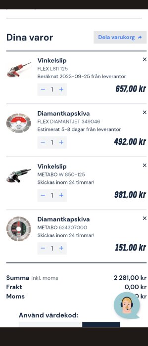 Det är en skärmbild av en online shoppingkorg innehållande vinkelslipmaskiner och diamantkapskivor med priser i svenska kronor.