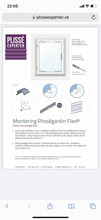 Instruktionsguide för montering av plisségardin Flex med bilder och text, skärmdump från plissexperten.se webbsida.