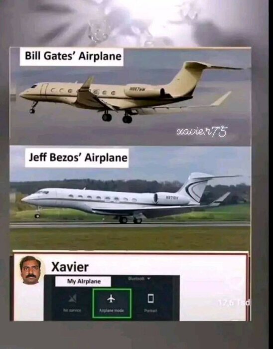 Meme som jämför privata jetplan med en person som använder flygplansläge på telefonen. Humoristisk.