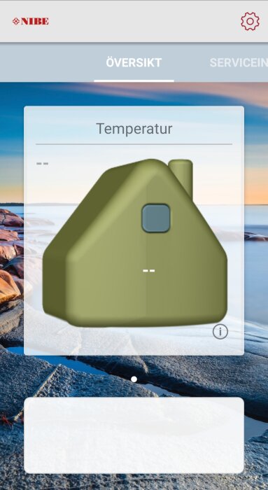 Skärmbild av en app, troligtvis för temperaturkontroll, med illustration av hus och naturbakgrund.