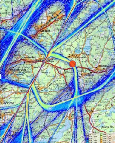 Karta med trafikflöden eller kommunikationslinjer, centrerad runt en nod, möjligen ett stadsområde, med markerad punkt.