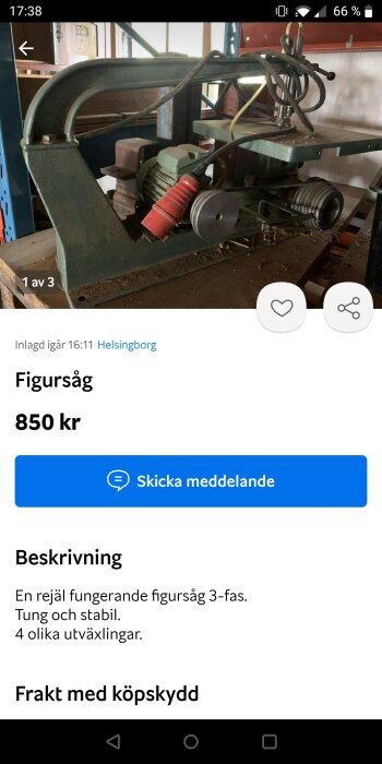 Industriell figursåg till salu, stabil och tung, med fyra växlar.