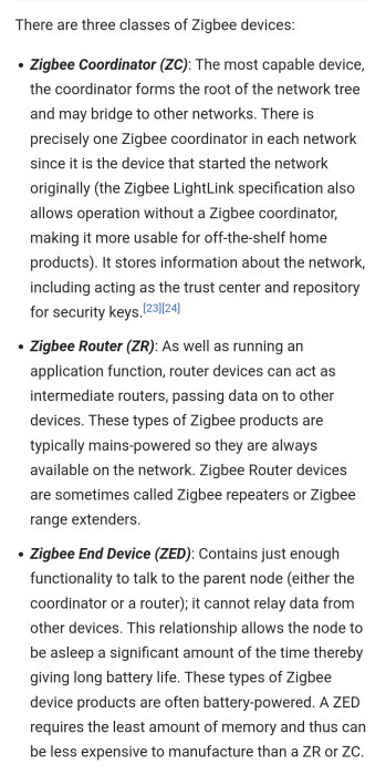 Bild visar text om Zigbee-enheter: Koordinator, Router, och End Device, deras roller i nätverket.