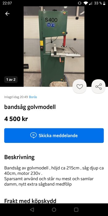 En grön golvsbandsåg, modell S400, med bord och sägblad, annonserad för försäljning.