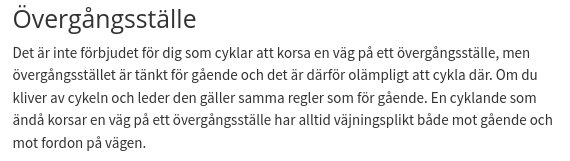 Text om regler för cyklister vid övergångsställen; ej förbjudet att korsa, men väjningsplikt gäller.