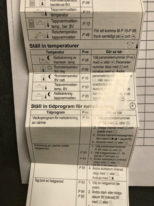 Svensk instruktionsmanual för inställning av temperaturer och tidprogram i ett värmesystem.