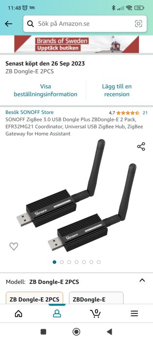 Skärmdump av Amazon.se, SONOFF ZigBee USB-donglar med antenner, produktdetaljer och betyg synliga.