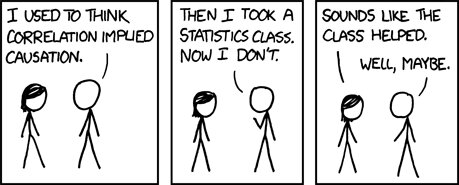 Tre serierutor med stickfigurer diskuterar korrelation och orsakssamband, insikt efter statistikkurs, ironisk tvetydighet.