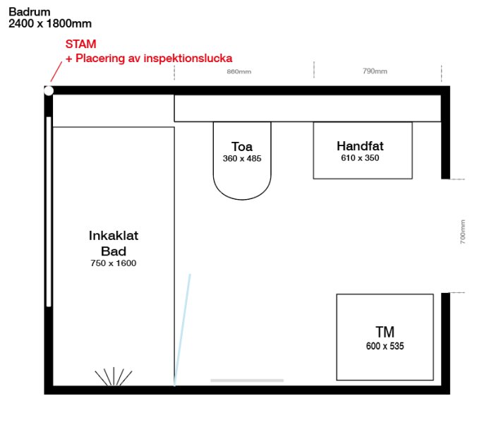 Ritning av badrum med mått på inredning: badkar, toalett, handfat, teknikmodul och inspektionslucka.