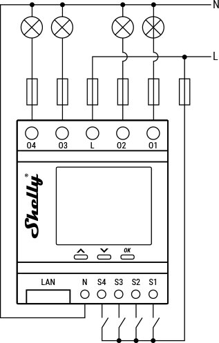 Elektriskt kopplingsschema för en apparat, möjligtvis en smart relä eller strömbrytare med fyra kontroller och LAN-anslutning.