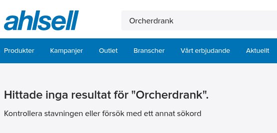 Webbsida, sökresultat saknas för "Orcherdrank", förslag på stavningskontroll eller nytt sökord.