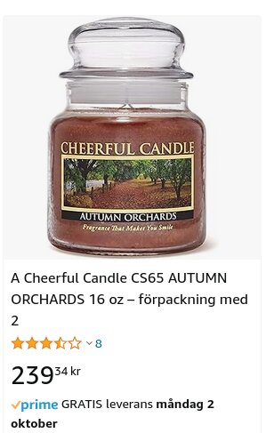 Doftljus i glasburk, betyg 2.5 stjärnor, "Cheerful Candle", hösttema "Autumn Orchards", 16 oz, tvåpack, prisuppgift.