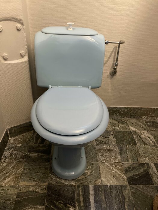 Toalett med stängt lock, blå behållare, metallrör, gråmönstrat golv, beige vägg.