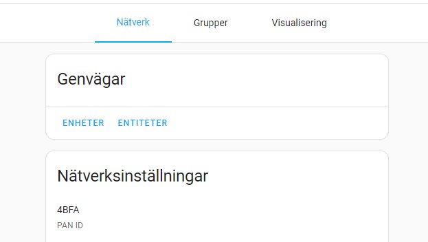 Gränssnitt för nätverksinställningar med flikar som "Nätverk", "Grupper", "Visualisering" och sektioner som "Genvägar", "Enheter", "Entiteter".