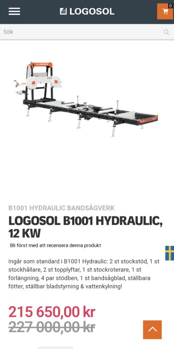 Bandågverk från Logosol, modell B1001 Hydraulic, visas på en webbsida, pris anges i svenska kronor.