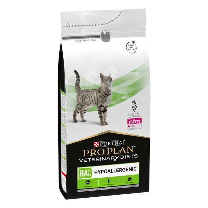 Purina Pro Plan veterinärfoder, hypoallergent, förpackning med kattbild, fräschhetssigill, allmän djurhälsovård.