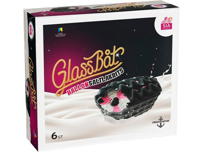 Förpackning av "GlassBåt", hallon- och saltlakritssmak, sex stycken, SIA Glass märke.