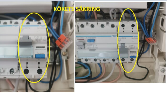 Elektrisk säkringspanel före och efter, uppmärksammar specifik säkring, potentiell reparation eller underhåll utförd.