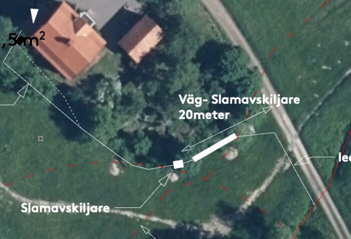 Satellitbild över lantliga byggnader med anmärkningar om slamavskiljare och avstånd markerade.