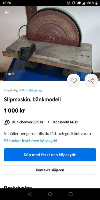 Slipmaskin till salu, bänkmodell, i Helsingborg, kostar 1 000 kronor. Annonserad online med möjlighet till frakt och köpskydd.