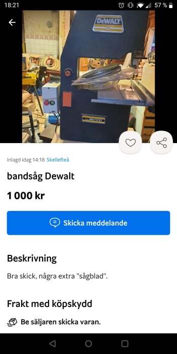 En skärmbild från en försäljningsannons som visar en Dewalt bandsåg för 1000 kr, i bra skick.