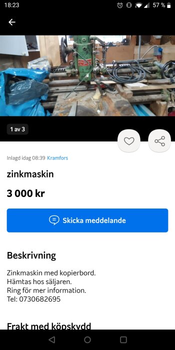 Verktygsmaskin i verkstadsomgivning till försäljning; prissatt, kontaktuppgifter och beskrivning ingår.