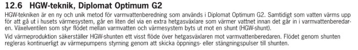 Teknisk manualtext om HGW-teknik för varmvattenberedning i Diplomat Optimum G2 värmesystem.