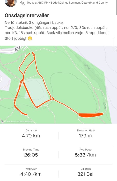 Spår av intervallträning, 4,7 km löpning med höjdstegring, utomhus, tröttande övning, förbättring av uthållighet.