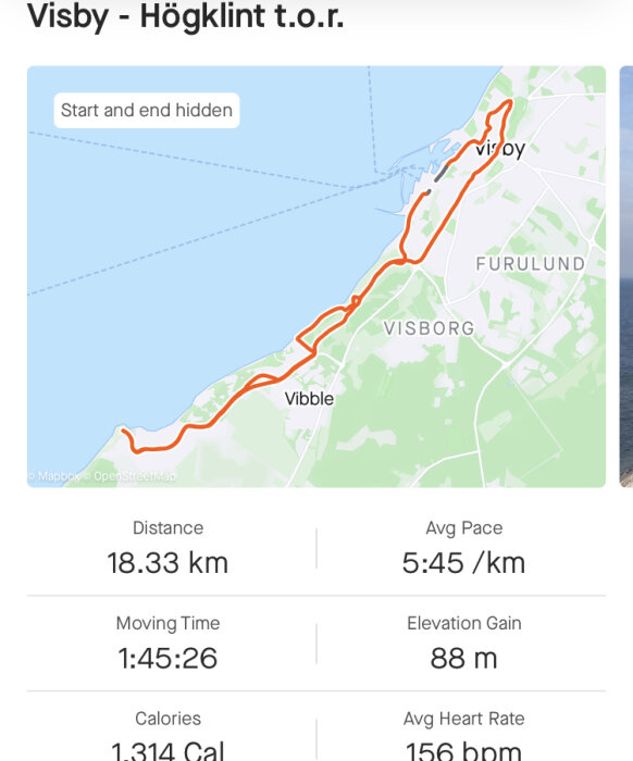 Kartskärm med löprunda från Visby till Högklint, 18,33 km, tempo, tidsåtgång, höjdvinst, förbrukade kalorier.