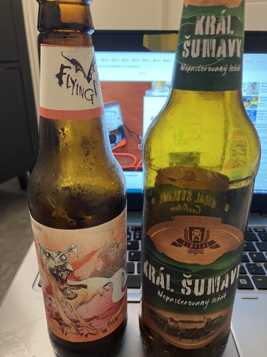 Två ölflaskor framför en datorskärm, med etiketter som visar konstnärliga bilder och text.