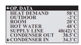 Display visar värmedata: värmebehov, utomhustemperatur, rumstemperatur, varmvatten, matarledning, kondensor in och ut temperaturer.