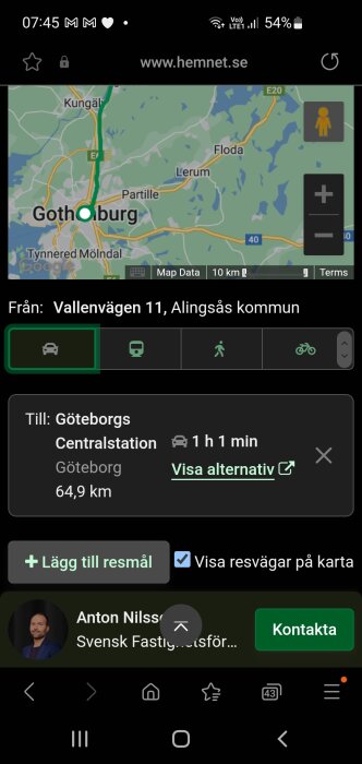 Skärmdump av en karttjänst med en rutt från Alingsås till Göteborgs Centralstation.