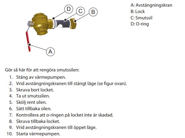 Anvisning för rengöring av smutsfilter på värmeanläggning, inkluderar diagram och steg-för-steg instruktioner.