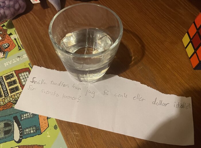 Ett glas vatten, tänder, en lapp, Rubiks kub, begreppet tandfén, önskan om pengar.