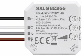 Vit, elektronisk LED-dimmer från Malmbergs, 250W, med kabelanslutningar och produktinformation. CE-märkt.