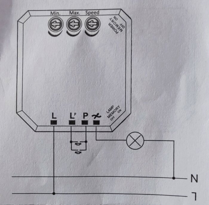 Elektriskt schema för anordning, visar komponenter, strömkretsar, anslutningar och funktioner som hastighetsinställningar.