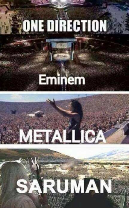 Kollage av konserthändelser för One Direction, Eminem, Metallica och en bild på Saruman från "Sagan om ringen". Humoristisk jämförelse.