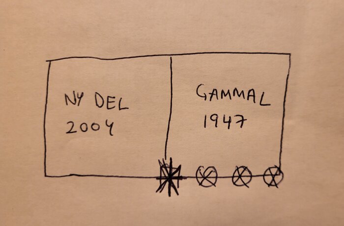 Handritad skiss av två tågdelar, betecknade "NY DEL 2004" och "GAMMAL 1947", med hjulundersidor.