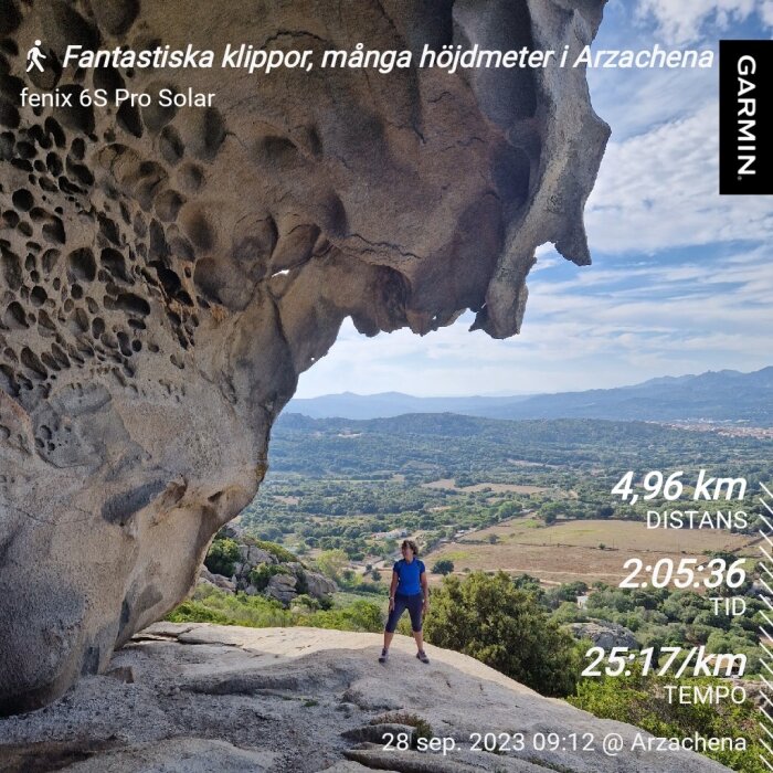 Person står under klippformation, utsikt över landskap, text om vandring och prestation, datum och plats dokumenterat.