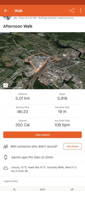 Aktivitetsspårningsskärm visar 5.01 km promenad i Borlänge, Sverige, med tid, steg, och väderinformation.