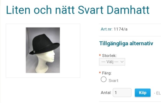 Svart damhatt presenteras på mannekäng, onlineköp alternativ för storlek, artikelnummer och färg.