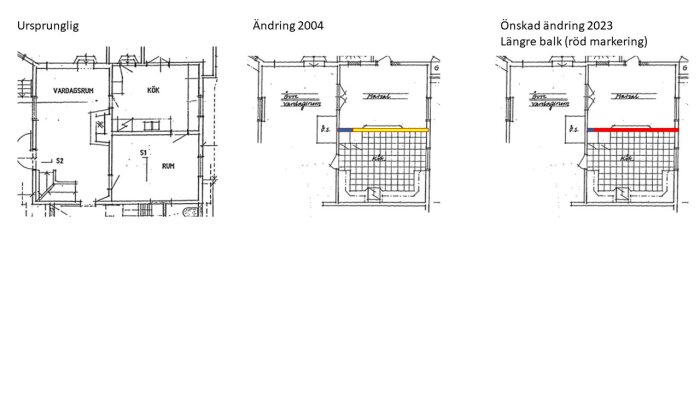 Tre ritningar: ursprunglig planlösning, ändring från 2004 och önskad ändring 2023 med längre balk.