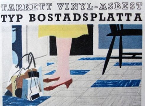 Vintage reklam för golv, kvinnas ben, stol, handväska, text "TARKETT VINYL-ASBEST TYP BOSTADSPLATTA". Retro stil.